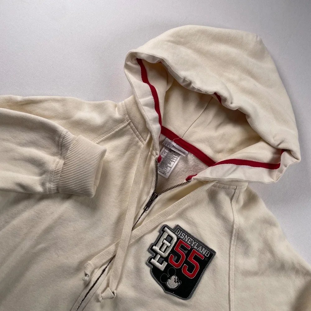 Disneyland Resort 55 Mickey Mouse Zip Up Hoodie Cream Women Large Varsity Patch